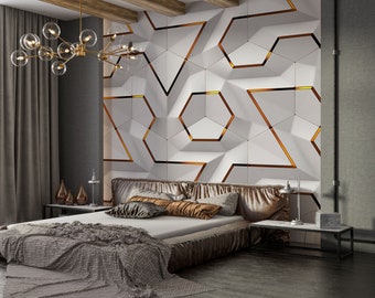 3D Geometric Wallpaper, Geometric Self Adhesive Mural, 3D View Peel and Stick Wall Mural, Abstract White Gold Color Living Room Wallpaper