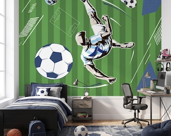Soccer Player Wall Mural, Green Striped Field, Football Mural Boys Bedroom Decor