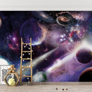 Realistic Spaceship And Space Child Game Room Wallpaper, Milky Way Planets Nursery Wall Murals, Galaxy Themed Playroom Kids Wallpaper Murals