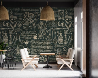 Retro Style Mural. Green and Beige Medicine and Herbal Theme Wallpaper. Botanical Kitchen Wall Mural. Peel And Stick Kitchen Wallpapers