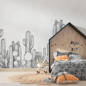 Carta da parati murale per cameretta con cactus del Texas, carta da parati per cameretta con cactus disegnati a mano, carta da parati murale per bambini con cactus, carta da parati murale per cameretta con cactus in bianco e nero