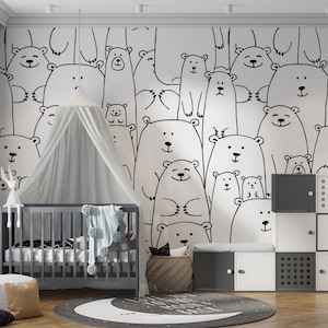 Carta da parati con linee astratte in bianco e nero, murales per la cameretta dei bambini con simpatici orsi, carta da parati in bianco e nero per la cameretta dei bambini, murale moderno per la cameretta dei bambini, carta da parati per bambini