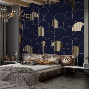 Carta da parati con motivo geometrico Gold View Night Blue Colors, murale astratto moderno, carta da parati facilmente rimovibile, arte murale astratta di dimensioni personalizzate