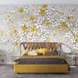 3D View Floral Tree Wall Murals, Romantic White Yellow Flowers Badroom Wall Mural, Floral Peel And Stick Wallpaper, Flower Tree Wall Mural