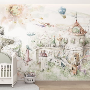 Fairy Castle Watercolor Design Kids Wallpaper, Fairy Forest Houses, Self-adhesive Removable Mural, Decal, Nursery Decor, Tapestry, Backdrop.