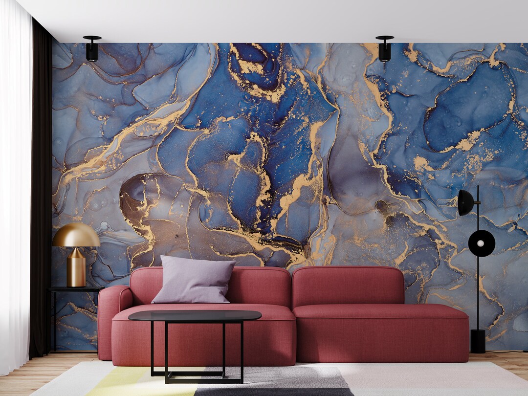 Luxury Marble Pattern Gold Look Wallpaper, Blue Ink Art Wall Mural ...