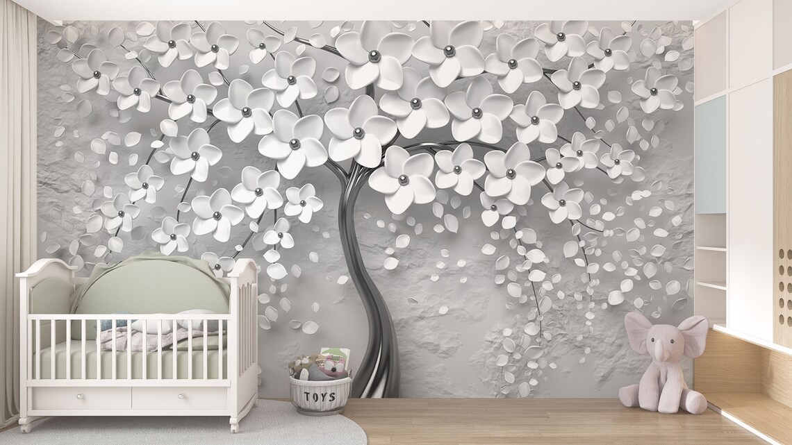 3D Effect Flowers Tree Wallpaper Romantic Floral Pattern Wall Etsy