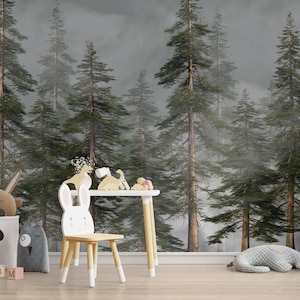 Woodland Watercolor Peel and Stick Wall Mural, Mountain and Trees Kids Forest Wallpaper Mural, Child Room Mountain Pine Trees Forest Mural