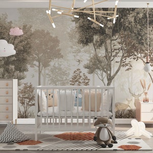 Papier peint chambre d'enfant forêt arbre couleur pastel, décoration de chambre d'enfant forêt arbre, sticker cerf des bois, papier peint enfant dimensions personnalisées, papier peint forêt