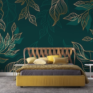 Carta da parati rimovibile con grandi foglie verdi e dorate, murale da parete per soggiorno con foglie esotiche, murale da parete tropicale personalizzabile, murales con foglie
