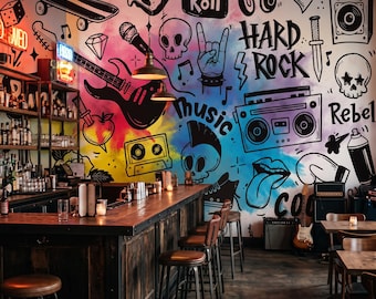 Rock and Roll Wallpaper, Graffiti Wall Mural, Bar Music Decor, Teen Boys Room Art