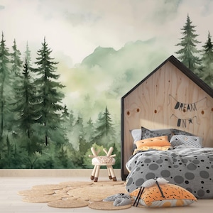 Kinder Tapete - Berge und Bäume Schälen und Aufkleben Wandbild - Selbstklebende Kinderzimmer Wandkunst - Kinderzimmer Berg Dekor Wald Aufkleber.