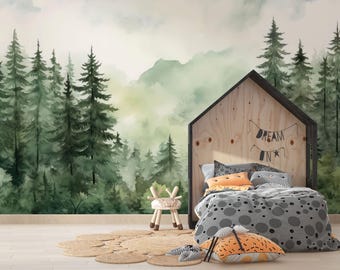 Kids Wallpaper - Mountain and Trees Peel and Stick Wall Mural - Self Adhesive Nursery Wall Art - Child Room Mountain Decor Forest Decal.