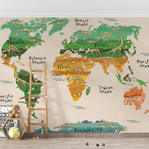 Décoration murale carte du monde personnalisable dinosaures pour chambre d'enfant, couleurs vert orange, dinosaures animaux du Jurassique, décoration murale carte du monde pour chambre d'enfant