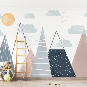 Carta da parati con montagne, nuvole e tramonto per la cameretta dei bambini, murale da staccare e attaccare nei toni del rosa e del blu, murale per la stanza dei giochi dei bambini.