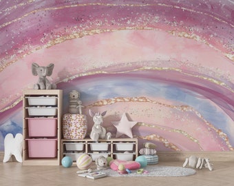 Papel pintado infantil rosa acuarela, papel pintado autoadhesivo para guardería. Papel pintado arcoíris para habitación de niña, mural de pared para guardería. Papel pintado decorativo para habitación de bebé.
