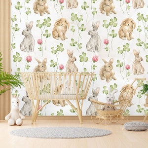 Niedliche Kaninchen Kinder Tapete, Tiere Kinderzimmer Tapete, Botanisches Kinderzimmer Wandbild, Pastellfarben Babyzimmer Wandbilder Dekor