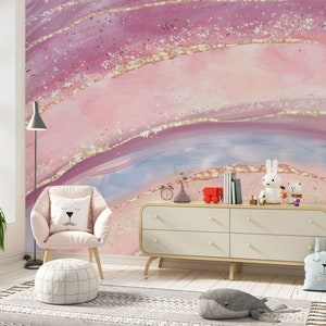 Kids wallpaper, Watercolor Wallpaper, Pink Wallpaper, Nursery Peel and Stick Wallpaper, Girl Room Rainbow Wallpaper, Girl Nursey Wall Mural