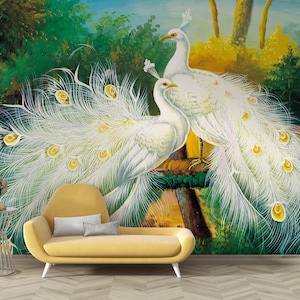 Chinoiserie Witte Kleuren Pauwen Peel And Stick Eenvoudig verwijderbaar behang, elegante woonkamer zelfklevend behang, pauwenfoto
