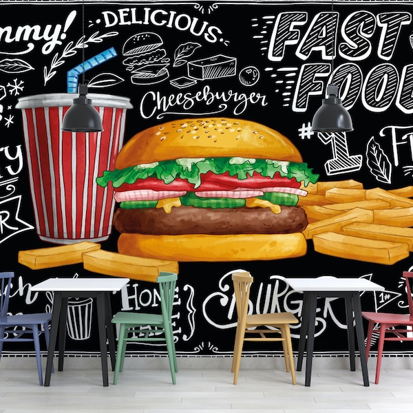 Customizable Fast Food Restaurant Easy Removable Wallpaper, Hamburger Stylish Cafe Wall Mural