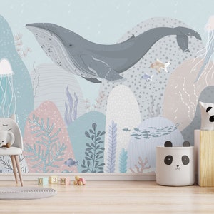 Carta da parati per bambini di colore azzurro pastello, murale della vita sottomarina, carta da parati per bambini con motivo a balena, carta da parati unisex per la cameretta dei bambini