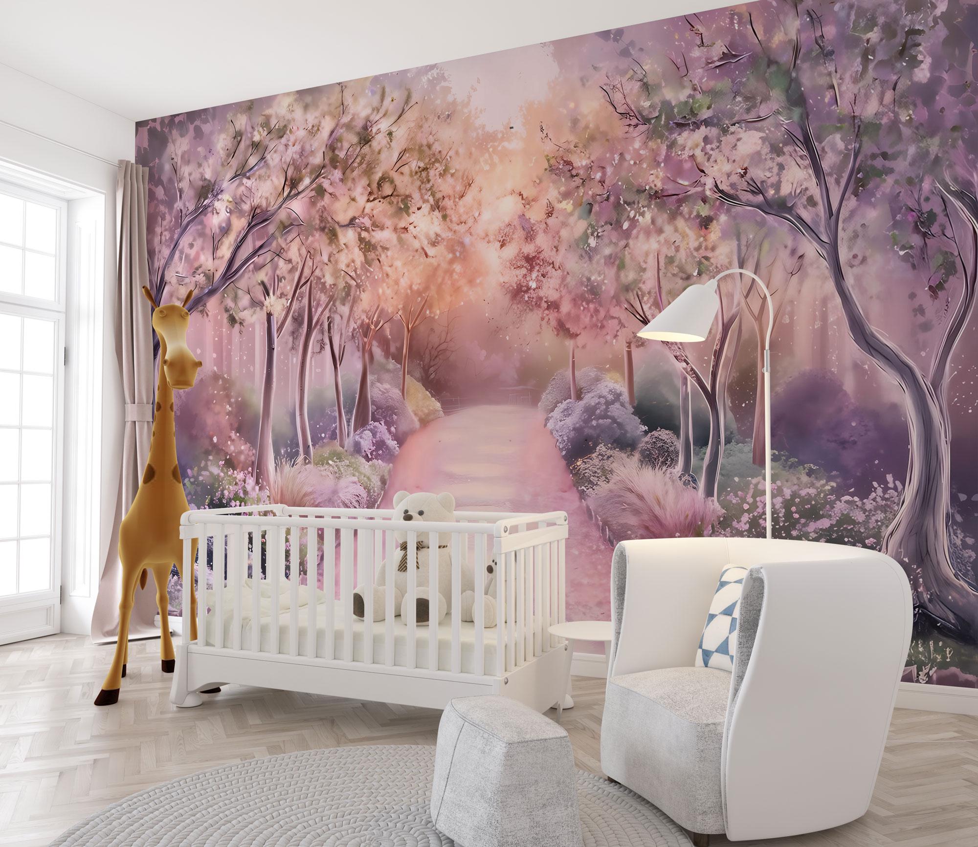 Enchanted Forest Nursery Mural – Pink Woodland Path, Whimsical Fairy ...