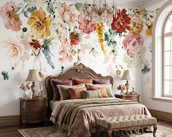 Vintage Watercolor Floral Mural, Spring Flowers Peel and Stick Wallpaper, Flower Wall Art
