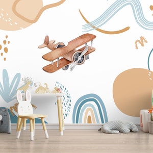 Carta da parati murale arcobaleno color azzurro pastello per cameretta dei bambini, murales astratti, carta da parati adesiva per neonati con aeroplano, carta da parati a tema aeroplano per cameretta dei bambini
