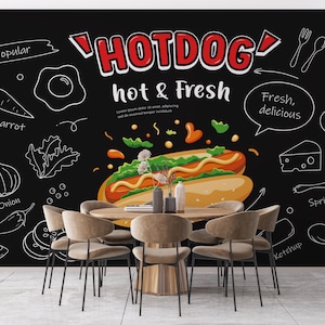 Carta da parati con fast food, poster da parete con hot dog, carta da parati adesiva con fast food, murales da parete con fast food, poster da cucina