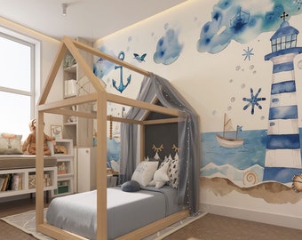 Watercolor Lighthouse Ships Wallpaper for boys, Ocean Nursery Mural, Airships Sailboat Mural Wallpaper, Pirate wallpaper for boys