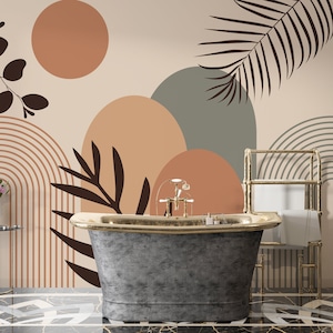 Può includere: Un murale con forme astratte in terracotta, verde salvia e beige, inclusi archi, cerchi e sagome di foglie botaniche marrone scuro. Il design incorpora sottili linee parallele, verticali e curve in tonalità tenui e neutre.