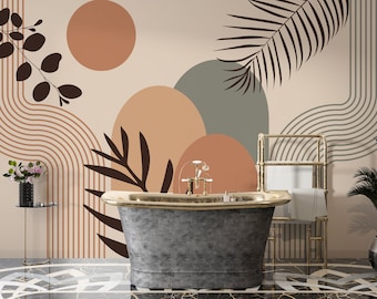 Papel pintado Boho Abstracto con Hojas, Mural de Pared Moderno para Sala de Estar, Autoadhesivo