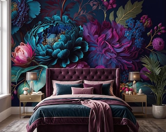 Dark Floral Wall Mural Peel and Stick Moody Peony Wallpaper Vintage Accent Wall Decor