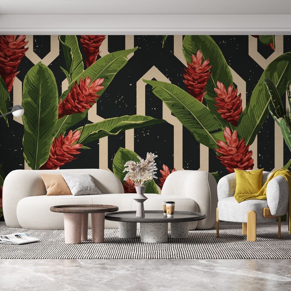 Exotic Florals Easy Removable Wall Mural, Guzmania Flower  Watercolor Effect Tropical Wallpaper, Tropical Flowers Peel And Stick Papers