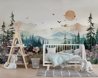Pastel Colors Sunset and Mountains Self Adhesive Nursery Wallpaper, Sunset Through The Mountains Wall Mural. Woodland Tree Forest Wallpaper