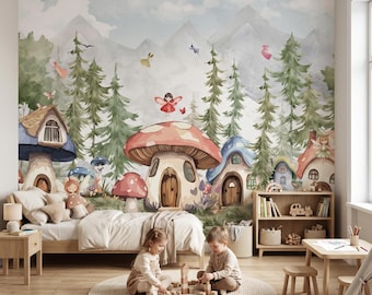 Fairy Mushroom Forest Wall Mural Watercolor Nursery Wallpaper Peel and Stick Kids Room Decor