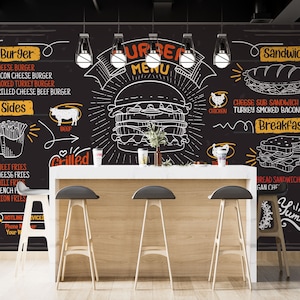 Papel tapiz personalizable de restaurante de comida rápida, papel tapiz extraíble y fácil de quitar, mural de pared de cafetería elegante con hamburguesas, pósteres de pared de cafetería con fondo oscuro