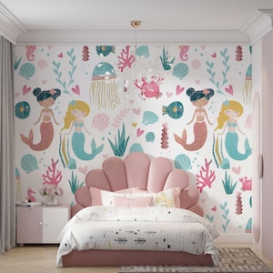 Mermaid Nursery Mural Decor, Removable Stick On Wallpaper, Mermaid Child Bedroom Wall Mural, Mermaid Baby Kids Room Traditional Wallpaper