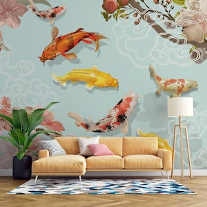 Carta da parati con pesci koi asiatici, murale moderno con motivi floreali asiatici, murale con pesci koi, murales cinesi, murales mistici asiatici