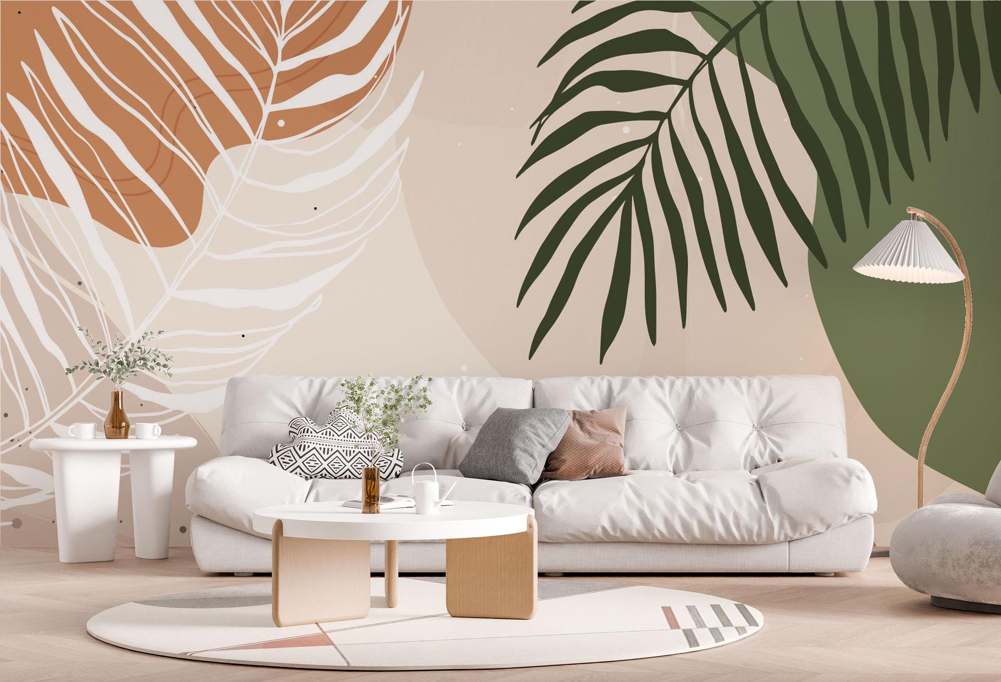 Mid Century Modern Abstract Botanical Wall Mural, Earth Tone Leaf ...