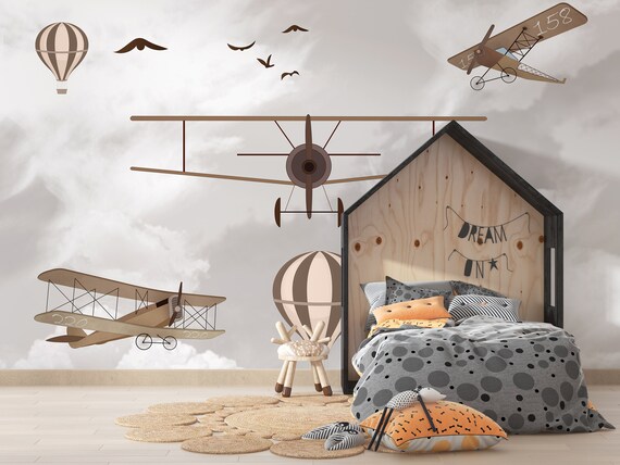 Airplane Wall Decals For Kids Room - Peel And Stick Vintage Plane & Cloud Wall Stickers For Nursery & Bedroom