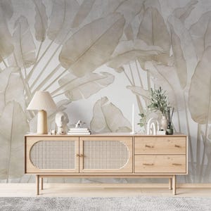 Carta da parati con foglie di banano, murale tropicale beige, stacca e attacca, carta da parati con foglie di banano morbide, murale tropicale beige, carta da parati rimovibile