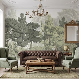 Vintage Forest Wall Mural, Renter Friendly Green Landscape Wallpaper