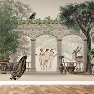 Murale vintage "Tre Grazie", murale mitologico artistico speciale, murale vintage con colonne greche, murales d'arte ispirati alla mitologia greca antica