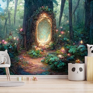 Magic Forest Watercolor Design Kids Wallpaper, Fairy Forest Houses, Self-adhesive Removable Mural, Decal, Nursery Decor, Tapestry, Backdrop.