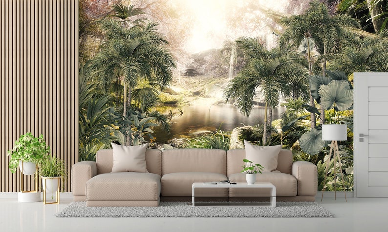 Tropical Forest Wallpaper Mural, Lake Landscape, Peel and Stick - Etsy ...