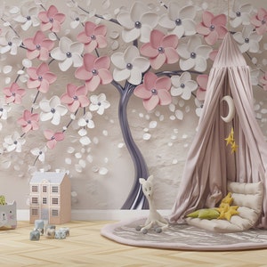 3D Modern Trees Flowers Wallpaper, 3D View Badroom Wallpaper, White Pink Colors 3D Flowers Child Room Self Adhesive Wall Mural, Trees Murals