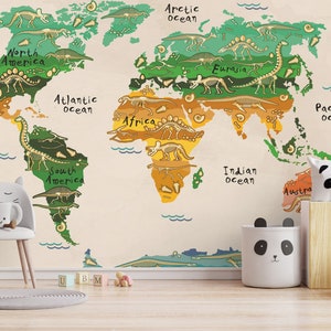 Papier peint enfants cartes dinosaures, papier peint dinosaures chambre de bébé couleurs vert orange. Papier peint mural auto-adhésif personnalisable Forêt jurassique
