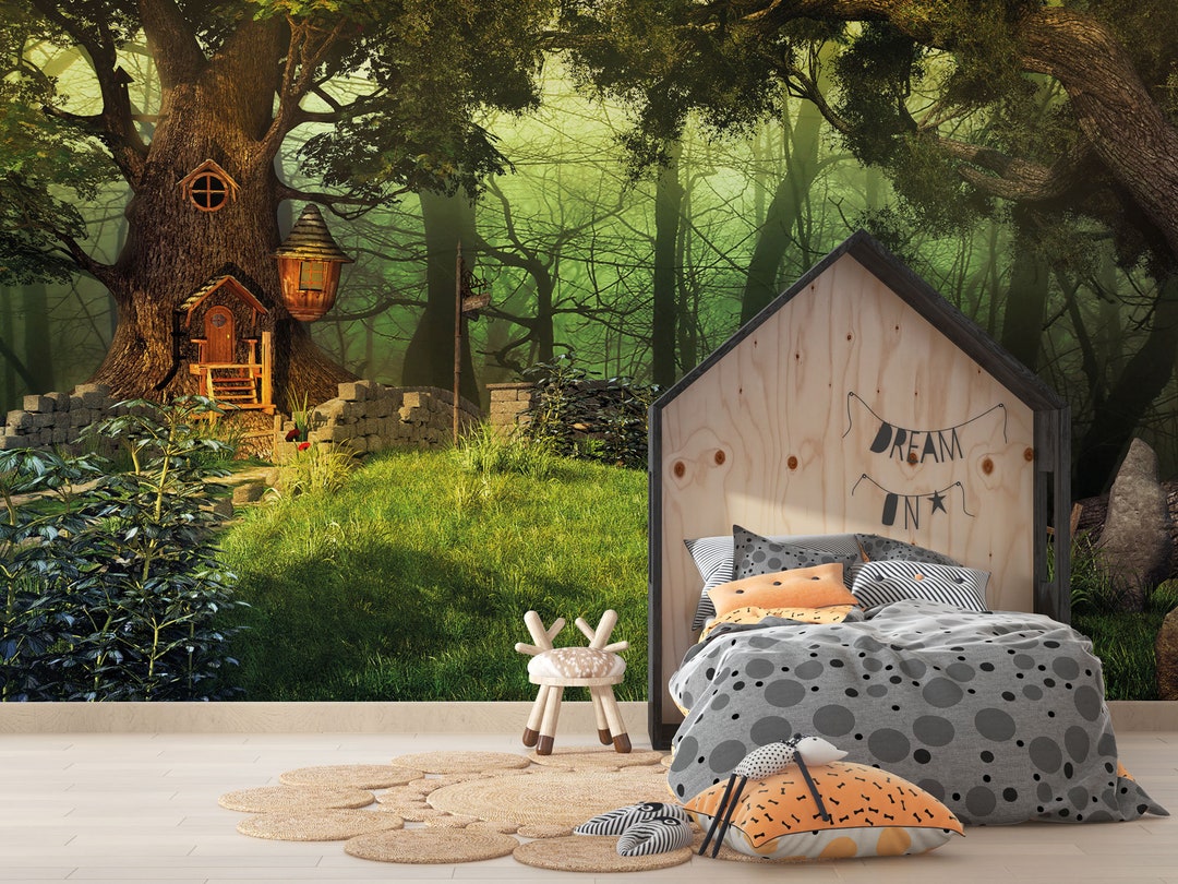 Treehouse Forest Peel and Stick Kids Wallpaper, Magic Forest Kids Room ...
