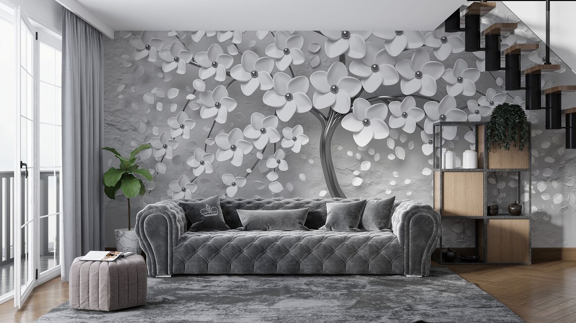 3D Effect Flowers Tree Wallpaper Romantic Floral Pattern Wall Etsy